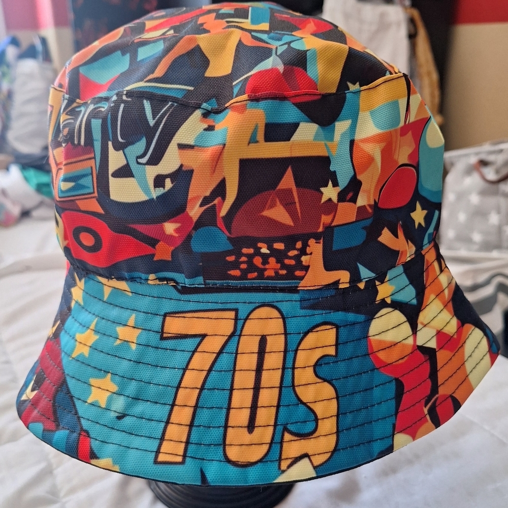 70s Abstract Print Bucket Hat Unisex Sz 22"/23" - Picture 3 of 5